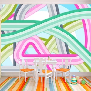 Carta da parati a strisce multicolori Carta da parati rimovibile Linea arcobaleno Decorazione per adolescenti Stampa estetica Soggiorno Moda moderna Autoadesiva