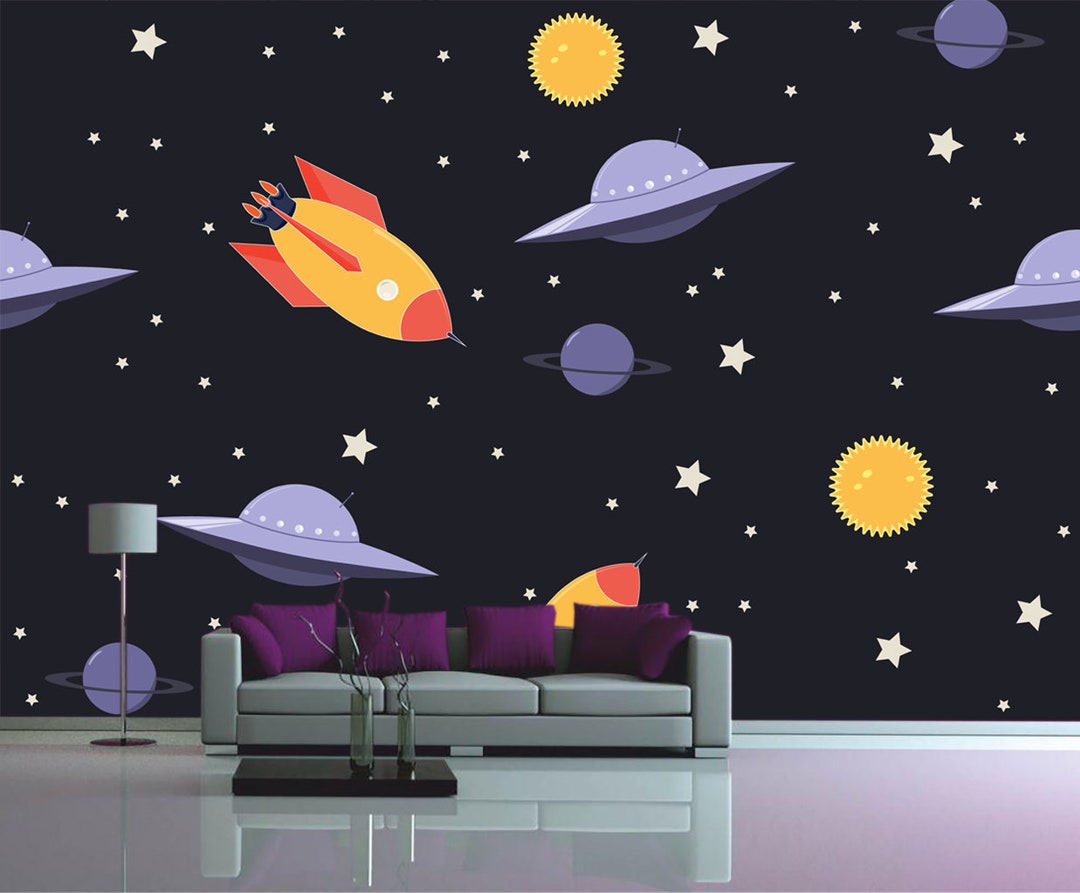 Space Kids Wallpaper Rocket Wall Mural Ufo Baby Decal Cosmos Nursery ...