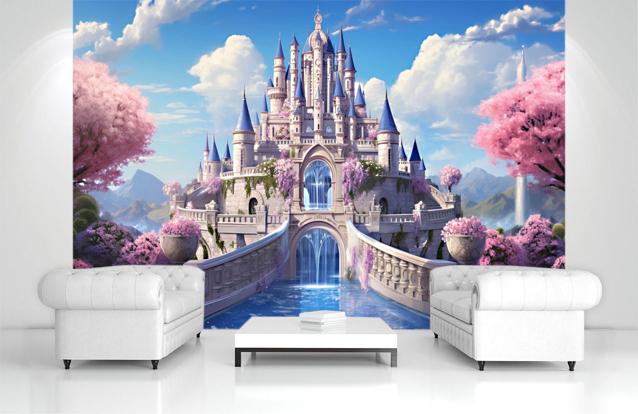 Prinses kasteel behang kindermuurschildering sprookjes kunst kinderkamer  meisjeskamer print magische peel and stick roze boom speelkamer vliesbehang  - Etsy België, image size:1276x828