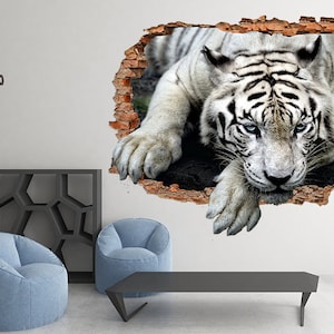 White tiger decal Nature sticker Animal art prints 3d mural Kids wall decals Decor baby room Playroom sticker Tiger vinyl Animals 3d gift