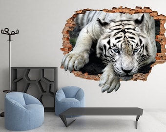 White tiger decal Nature sticker Animal art prints 3d mural Kids wall decals Decor baby room Playroom sticker Tiger vinyl Animals 3d gift