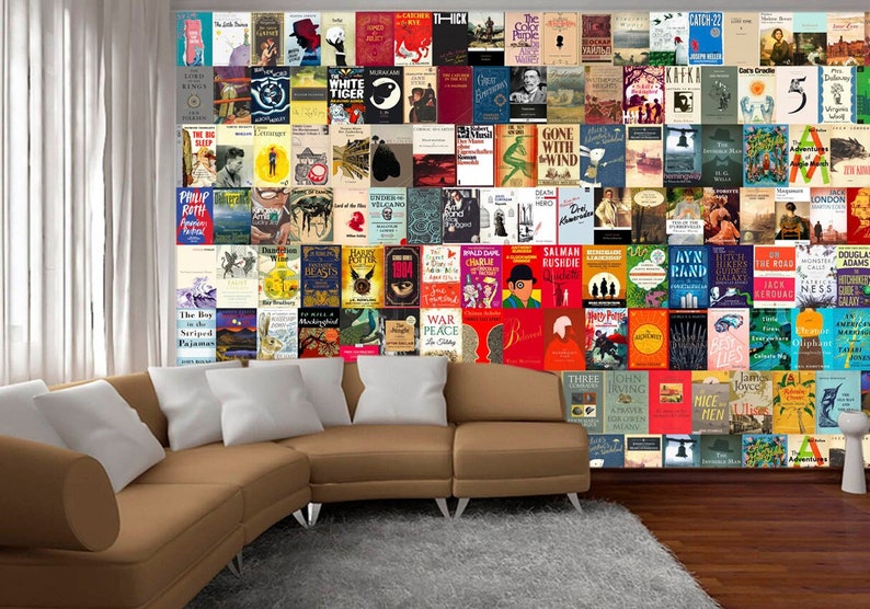 May include: A wall covered in book covers, featuring a variety of titles and authors. The wall is a light brown color and the book covers are a mix of colors and designs. The book covers are arranged in a grid pattern.