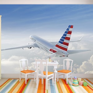 Airplane wallpaper American plane mural Air transport print Mechanism decal Machinery sticker Enginery decor Playroom mural Plane gift