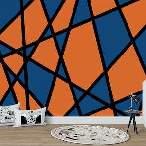 Blau-orangefarbene Tapete mit geometrischen Figuren, bunter Druck, abstrakte Wandkunst, abziehen und aufkleben, Kinderzimmer-Dekoration, Spielzimmer-Geschenk, abnehmbares Kinderzimmer-Wandbild