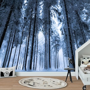 Winter Forest Wall Decal Removable Peel & stick Wallpaper Trees in Snow Mural Self-adhesive Landscape Scenery Living Bedroom Office Décor