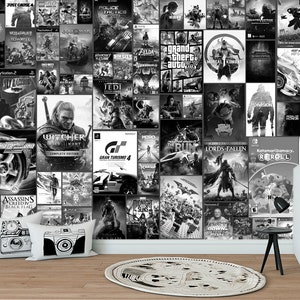Collage Murale videogioco Carta da parati retrò Stampa della scuola materna Nero Bianco Arredamento rimovibile Carta da parati artistica in tessuto non tessuto per la camera dei bambini, regalo per i giocatori