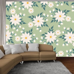 Retro Blumentapete Weiße Blume Wandbild Pflanze Peel and Stick Botanische Selbstklebende Grüne Wandbild Frau Geschenk temporäre Tapeten