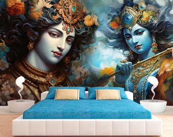 Hindu God Wallpaper Radha Lord Krishna Wall Mural Indian Print Self Adhesive Peel and stick Religion Room Décor Hinduism Wall Art Aesthetic