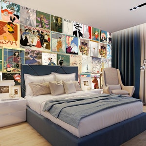 May include: A bedroom interior with a blue headboard bed and a beige armchair. The wall is covered with a collage of vintage Vogue magazine covers featuring women in various poses and clothing.