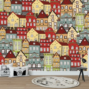 Colorful houses wallpaper Kids city print Building Peel and stick City Street of Amsterdam Baby room mural Bedroom gift Kids Town Wallpaper