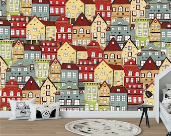 Colorful houses wallpaper Kids city print Building Peel and stick City Street of Amsterdam Baby room mural Bedroom gift Kids Town Wallpaper
