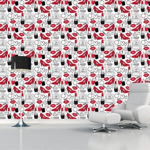 Carta da parati alla moda nera e rossa, decorazione murale per la stanza della ragazza, decalcomania glamour rimovibile, stampa astratta, design per la stanza della bellezza e della spa, opera d'arte