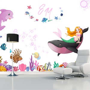 Carta da parati murale con sirena Stampa con iniziali per ragazze Regali personalizzati Decorazione per la cameretta dei bambini Stampa subacquea Opera d'arte per la cameretta delle ragazze Arte murale per la sala giochi Regalo con delfino