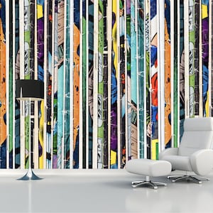 Comics-Tapete, abziehen und aufkleben, Superhelden-Aufkleber, Collage-Wandbild, Fantasy-heller Druck, Kinderzimmer-Dekoration, selbstklebend, Retro-Vintage-Kunst