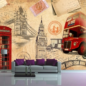 Mural de pared de Londres Impresión del Puente de la Torre Mural de Gran Bretaña Mural de letras Calcomanía del Big Ben Mural impreso Arte de pared Arte de cabina telefónica Impresión de autobús de Londres
