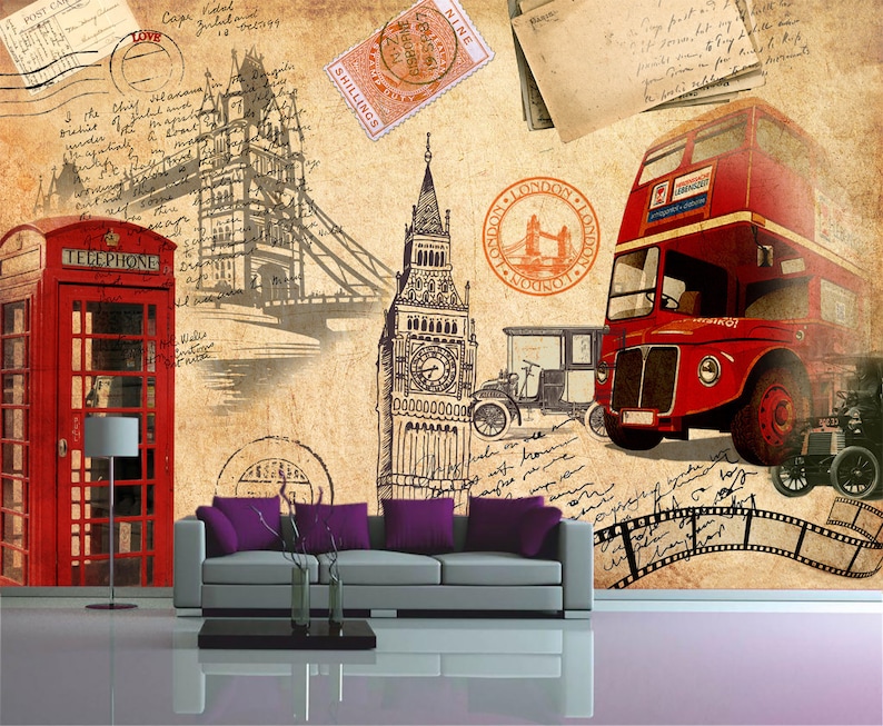 May include: A vintage-style illustration of London landmarks, including Big Ben, the Tower Bridge, a red double-decker bus, and a red telephone booth. The background is a faded, textured paper with handwritten notes and stamps.