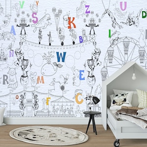 Carta da parati con alfabeto e animali Stampa per bambini Decorazione da circo Arte per sala giochi Carta da parati educativa Adesivo colorato rimovibile Regalo per la cameretta dei bambini con elefante