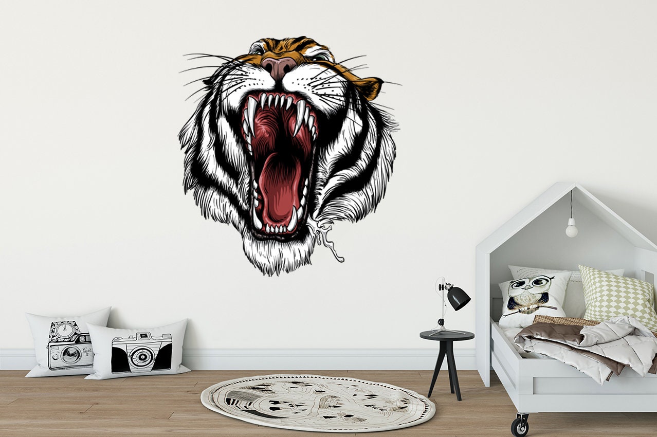 Tiger Decal Animal Wall Decal Roaring Tiger Sticker Tiger Head Wall Art ...