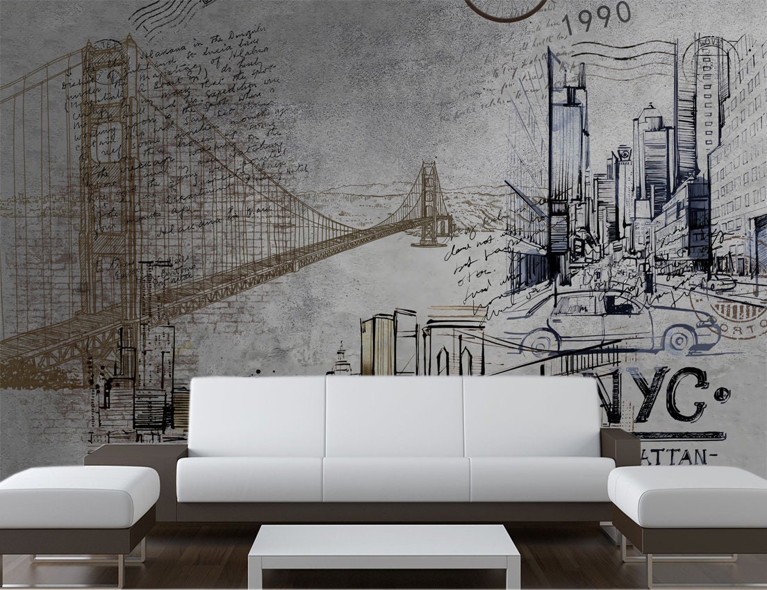 New York Wall Mural Manhattan Artwork Selfadhesive Art Retro Etsy