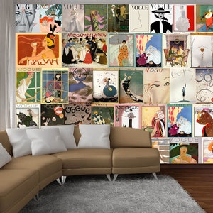 May include: A collage of vintage Vogue magazine covers featuring various illustrations and designs. The covers are arranged in a grid pattern and feature a variety of colors, including red, blue, green, and yellow.
