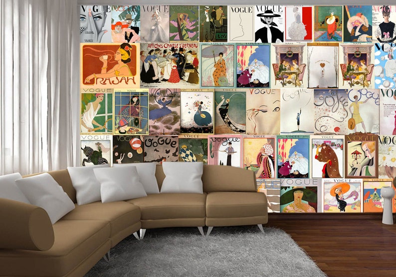 May include: A collage of vintage Vogue magazine covers featuring various illustrations and designs. The covers are arranged in a grid pattern and feature a variety of colors, including red, blue, green, and yellow.