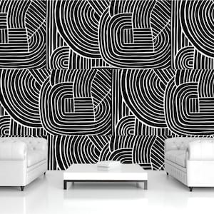 Line Abstract geometric wallpaper Black white wall mural Minimalist style print Modern art décor Removable Peel & Stick non-woven wallpaper