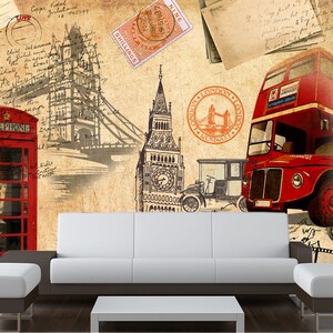 May include: A vintage-style illustration featuring iconic London landmarks, including a red double-decker bus, a red telephone booth, Big Ben, and Tower Bridge. The background is a faded, textured paper with handwritten notes and stamps.