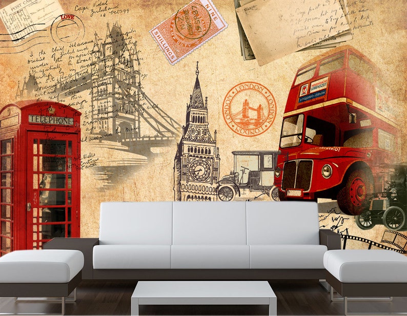 May include: A vintage-style illustration featuring iconic London landmarks, including a red double-decker bus, a red telephone booth, Big Ben, and Tower Bridge. The background is a faded, textured paper with handwritten notes and stamps.