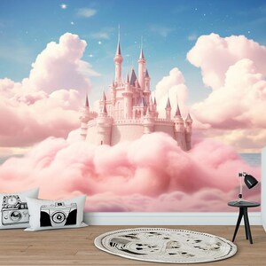 May include: A pink castle sits atop fluffy pink clouds against a blue sky with white stars. The castle has many towers and windows.