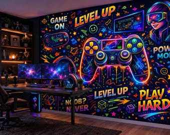 Neon gaming-behang Peel-and-Stick gamerkamermuurschildering kleurrijke videogamemuur print gaming setup behang, tienerjongen kamer decor cadeau