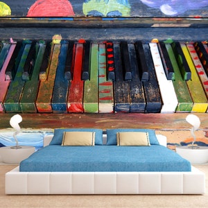 Carta da parati per pianoforte Dipinto colorato murale rimovibile Stampa murale musicale Decalcomania grunge Decorazione per sala giochi Decorazione per scuola di musica Arte per strumenti musicali
