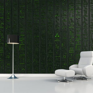 Hieroglyphs green wallpaper Egyptian wall art Authentic print Peel and stick Papyrus mural textured decal ancient Egypt decor Wall covering