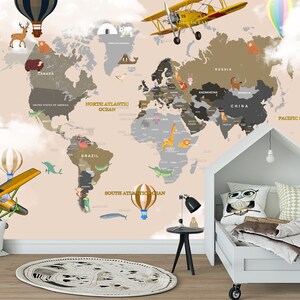 Kinder Karte Tapete Tier Wandbild Landkarte Druck Weltkarte Wandkunst Lernkarte Reise Karte Aufkleber Peel and Stick Kinderzimmer Kunst