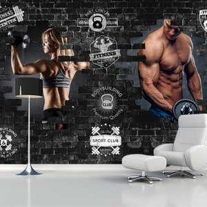 Gym club wallpaper Sport mural Brick wall decal Weightlifter print Motivation décor Bodybuilding gift art workout vinyl Gym Design office