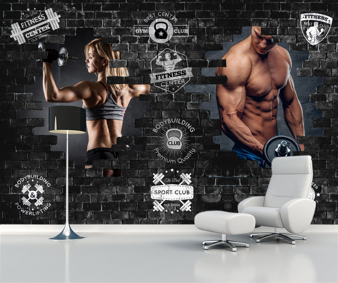 Gym club wallpaper Sport mural Brick wall decal Weightlifter print Motivation décor Bodybuilding gift art workout vinyl Gym Design office
