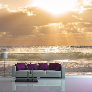Ocean wave wallpaper Lights of sun wall mural Beach art print removable Living room decor Sea home artwork Gift to sailor Seascape art