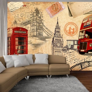May include: A vintage-style illustration featuring iconic London landmarks, including Big Ben, the Tower Bridge, and a red double-decker bus. The illustration is surrounded by old-fashioned postage stamps, handwritten notes, and film strips.