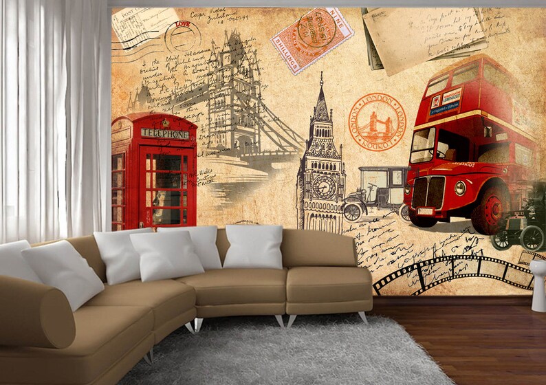 May include: A vintage-style illustration featuring iconic London landmarks, including Big Ben, the Tower Bridge, and a red double-decker bus. The illustration is surrounded by old-fashioned postage stamps, handwritten notes, and film strips.
