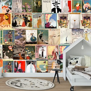 May include: A collage of vintage Vogue magazine covers featuring various illustrations and designs. The covers are arranged in a grid pattern and feature a variety of colors, including red, blue, green, and yellow.