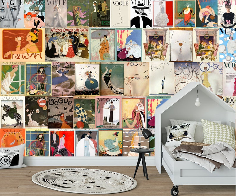 May include: A collage of vintage Vogue magazine covers featuring various illustrations and designs. The covers are arranged in a grid pattern and feature a variety of colors, including red, blue, green, and yellow.