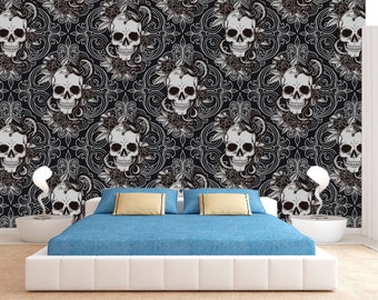 Skull and snake wallpaper Flower wall mural Gothic wall decal Authentic print Peel and stick Floral print Wall covering sugar skull decor