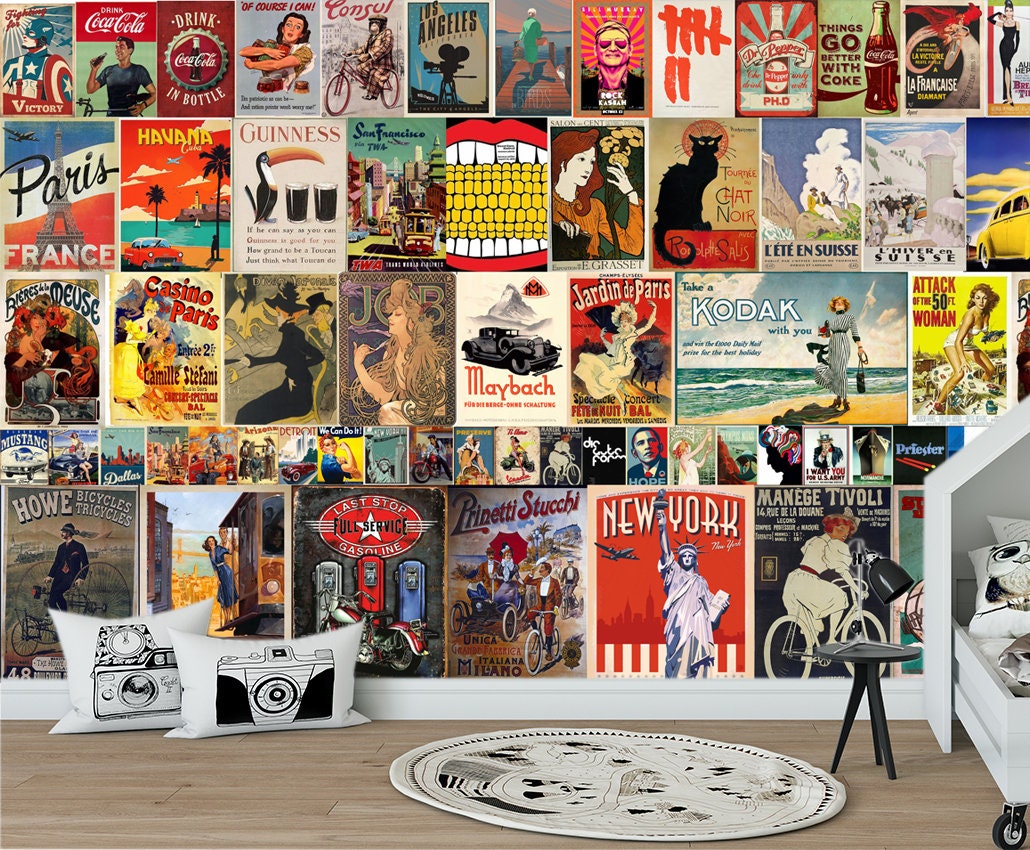 Vintage Poster Wallpaper Pop Art Retro Wall Mural Collage Wallpaper ...