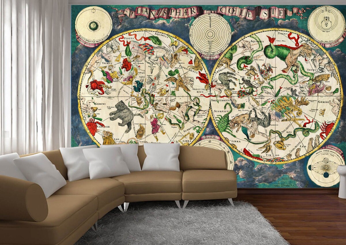 Planisphere Print Celestial Planisphere Wallpaper Constellation Old Map Animal Print Old ...