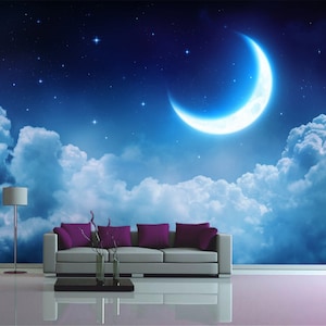 Papier peint lune dans la nuit étoilée, peintures murales de nuages, art mural nature, impression chambre de bébé, paysage, salle de jeux, papier peint amovible, art mural salon