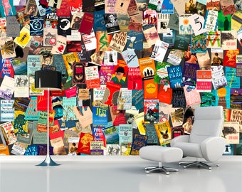 May include: A wall covered in book covers, with a white armchair and ottoman in the foreground. The book covers are a mix of colors and styles, with some featuring titles and authors.