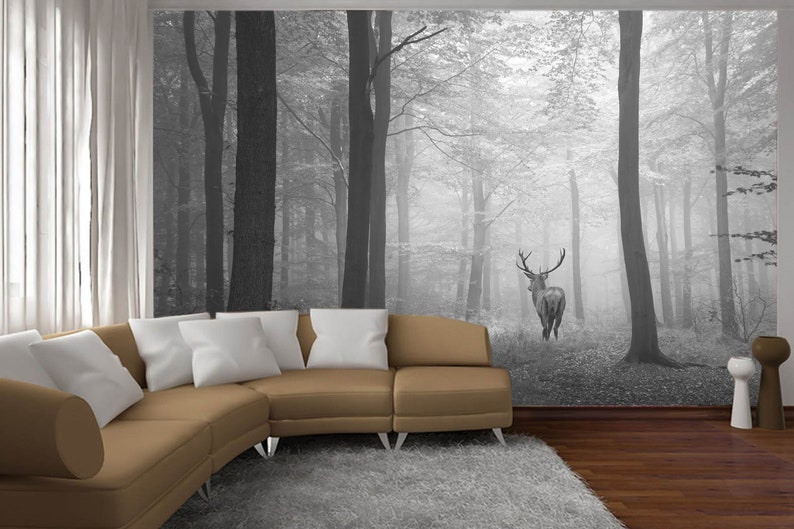 May include: A black and white photograph of a deer standing in a foggy forest. The deer is facing away from the camera and has large antlers. The forest is dense with tall trees and the ground is covered in leaves.