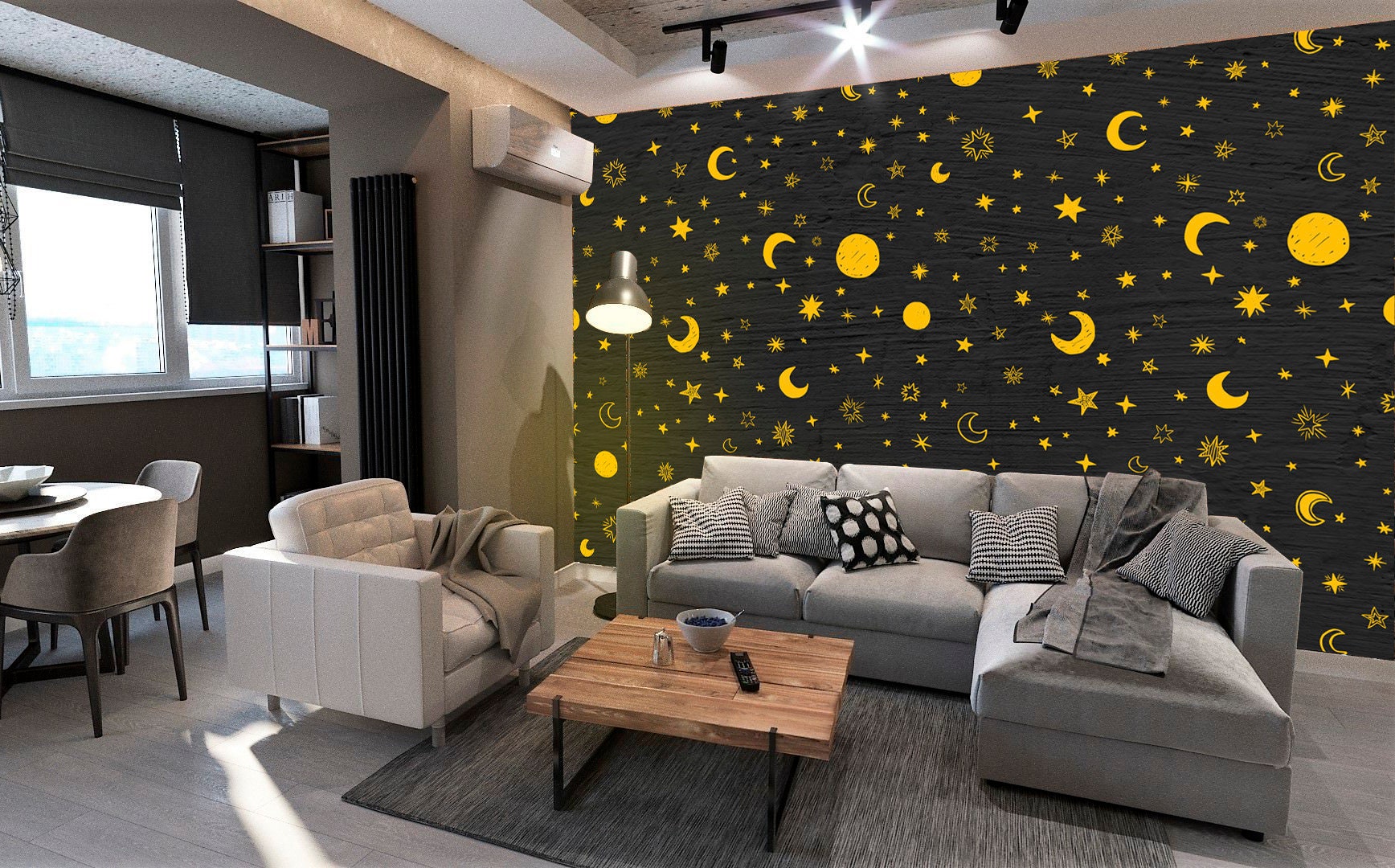 Large Moon and Star Wallpaper Mural for Kids Starry Night Art Space ...