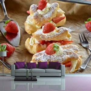 Carta da parati con torta di fragole Carta da parati del ristorante Arte rimovibile Stacca e incolla Stampa da cucina Carta da parati autoadesiva Café 3d Carta da parati Cupcake