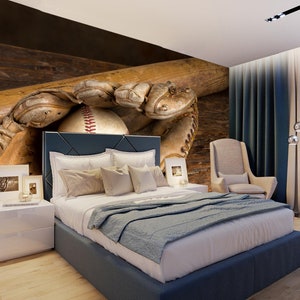 May include: A baseball, baseball bat and catcher's mitt are displayed against a wood background. The baseball is in the mitt, and the bat is resting on top of the mitt. The background is a bedroom with a bed, bedside table and chair.