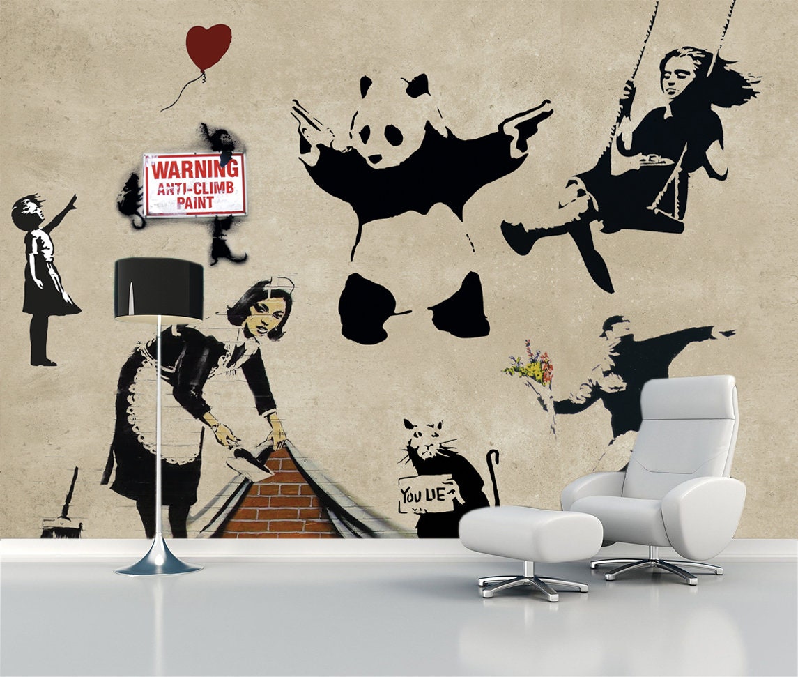 Graffiti Banksy Wallpaper Street Art Mural Panda With Gun Wall Art ...
